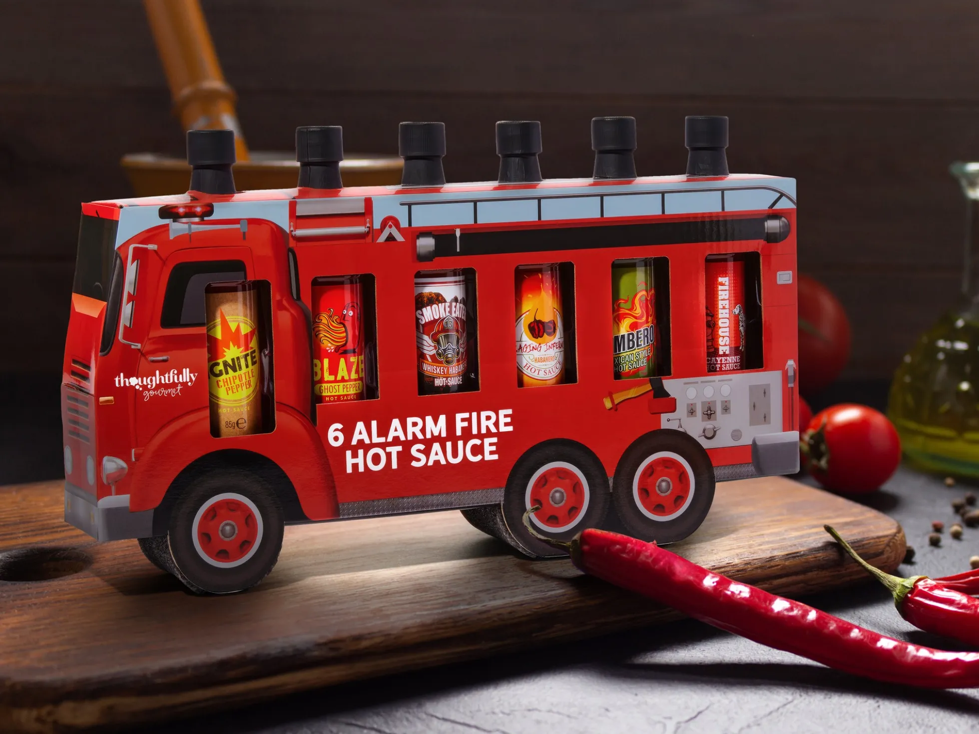 Geschenkbox Feuerwehrauto mit Scharfen Saucen - Thoughtfully