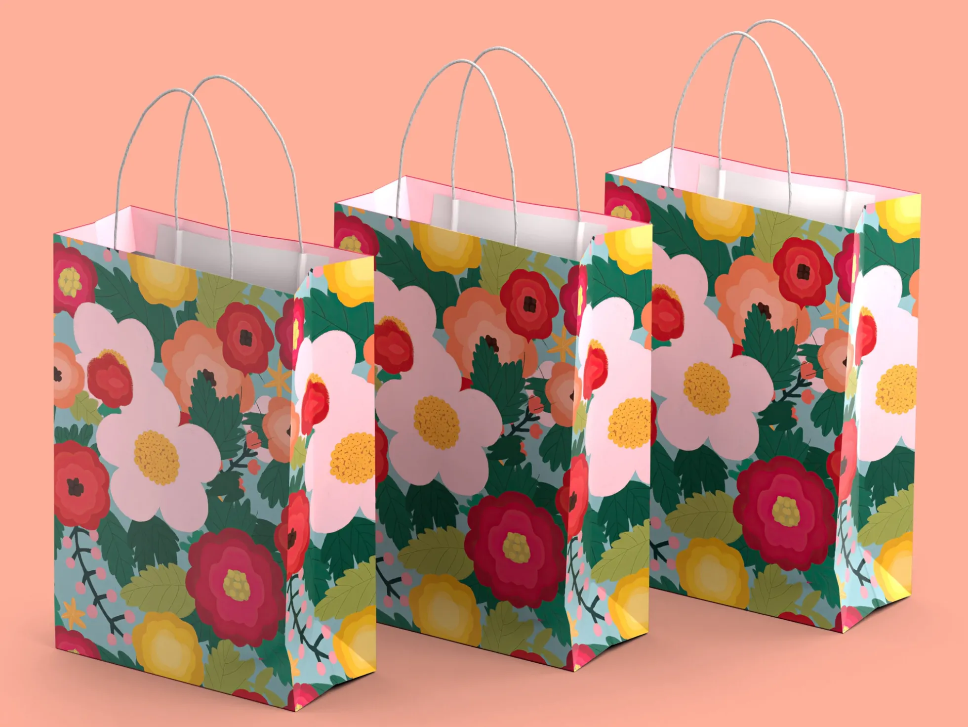 Geschenktüten 3er-Pack - Rosa Blumen - Groß