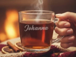 Glas-Tasse mit Gravur – eigener Text