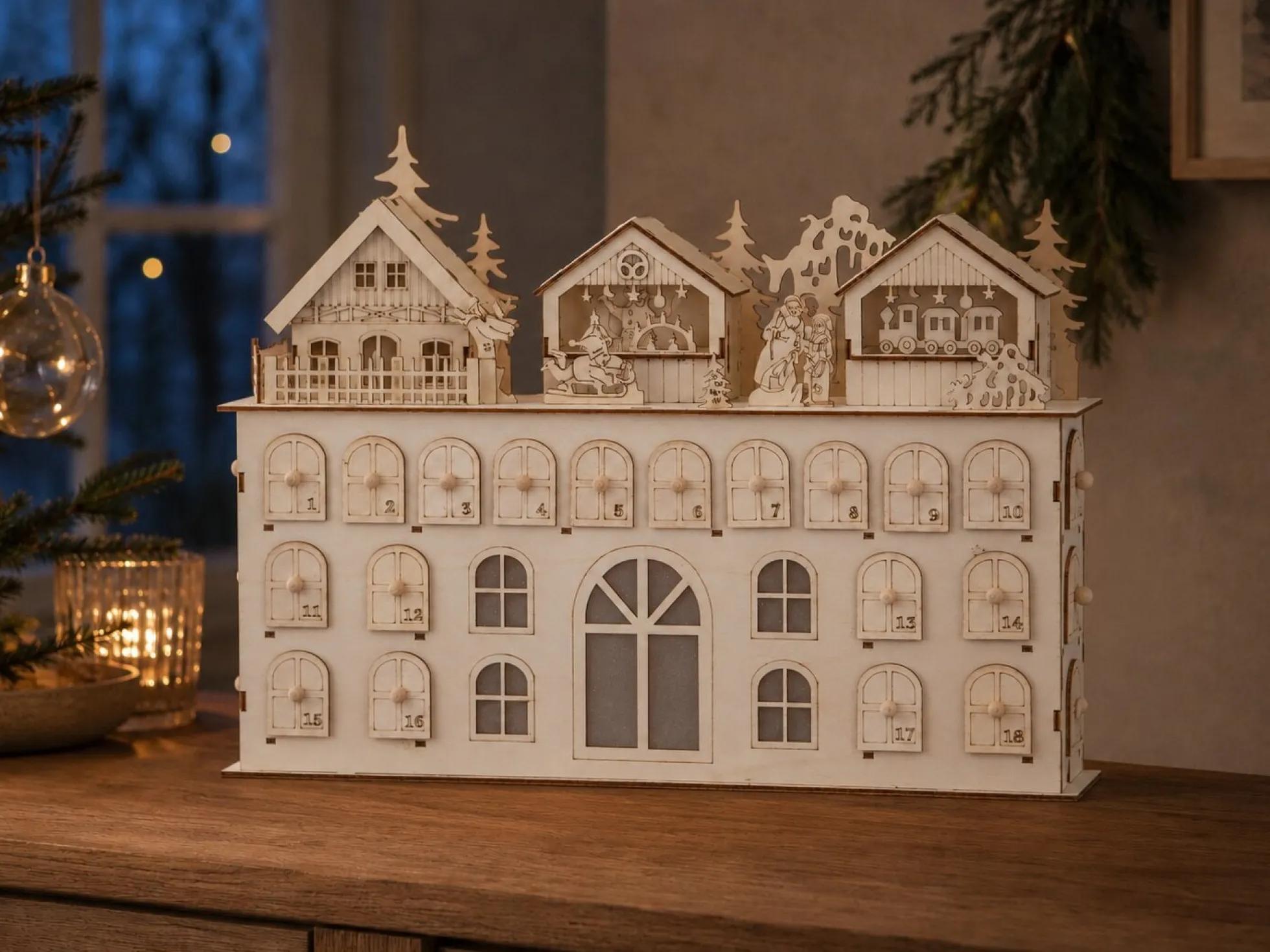 Holz-Adventskalender mit Beleuchtung