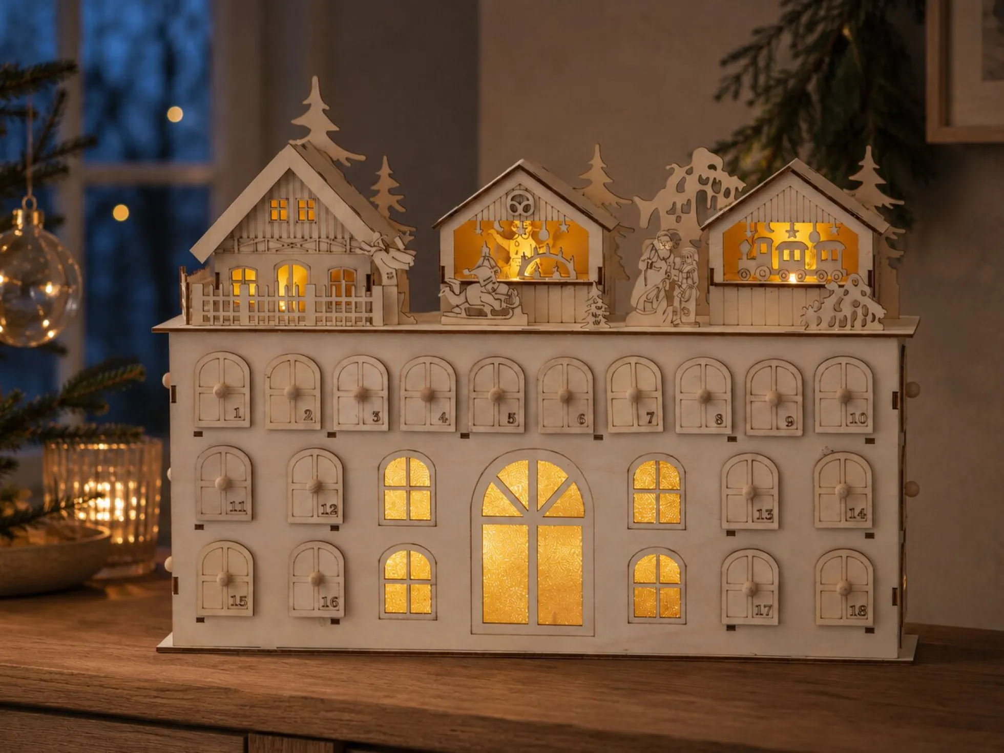 Holz-Adventskalender mit Beleuchtung