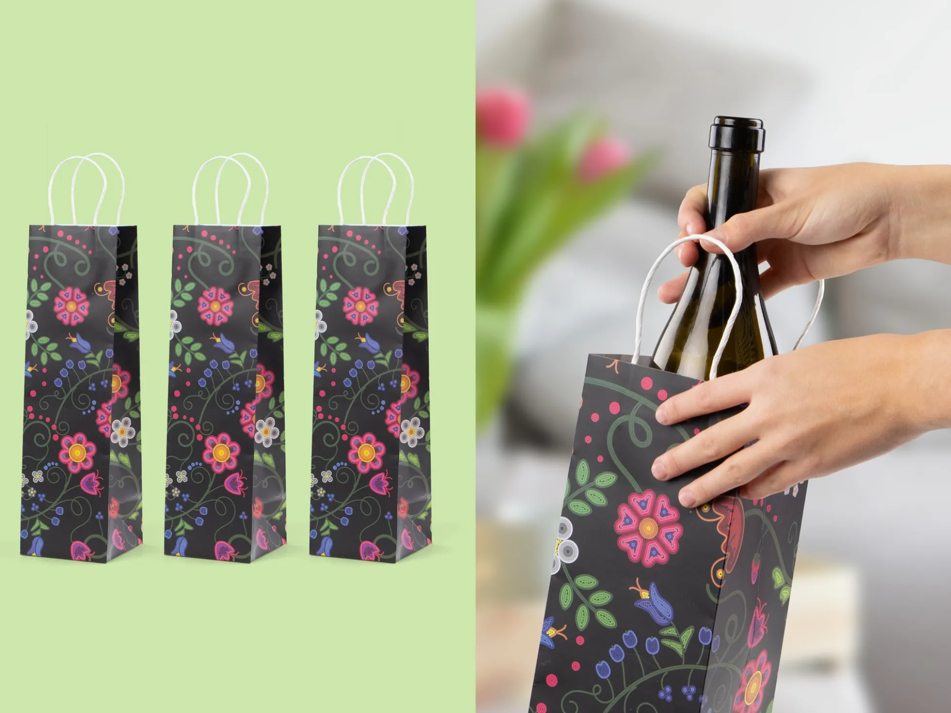 Weinbeutel 3er Pack - Elegante Blumen